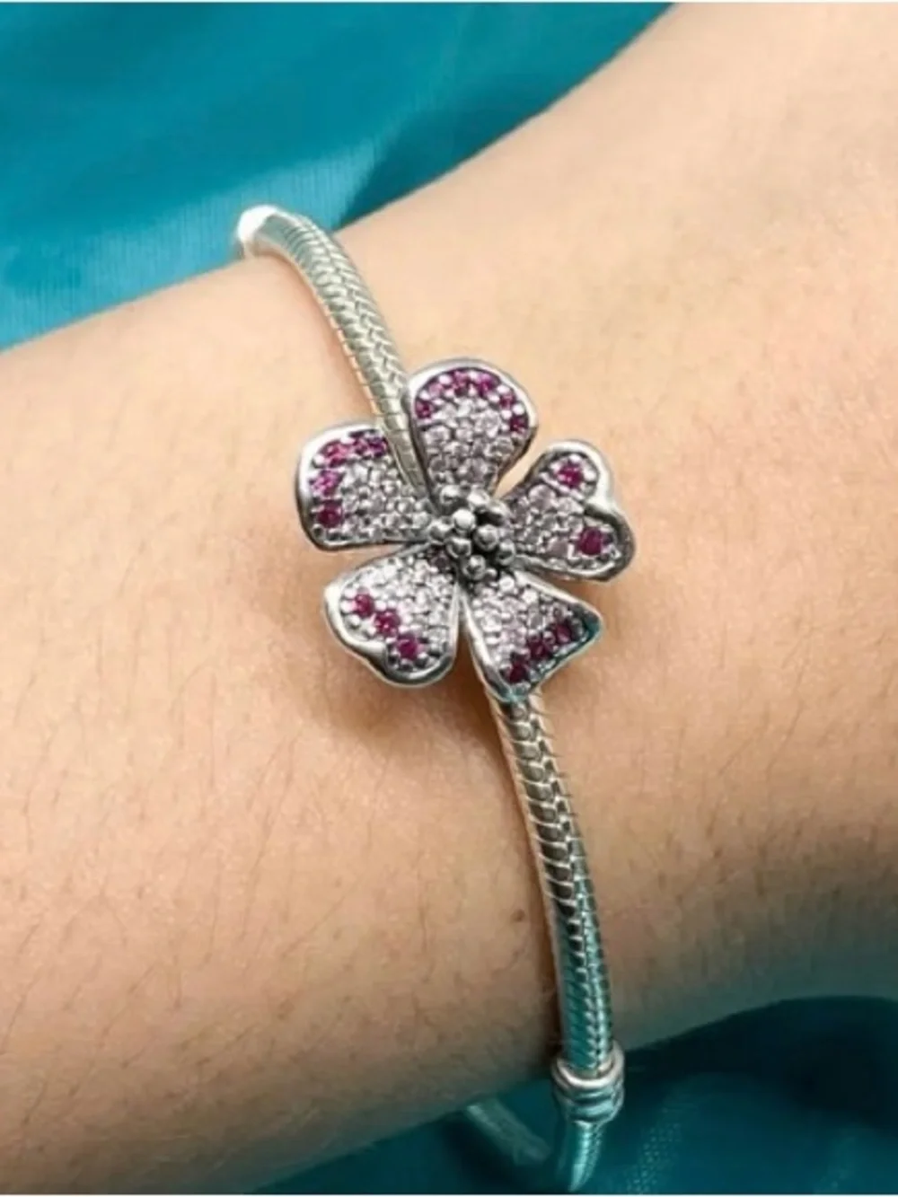 Pink Pavé Peach Blossom Oversized Flower Charm | 925 Sterling Silver, Pink CZs